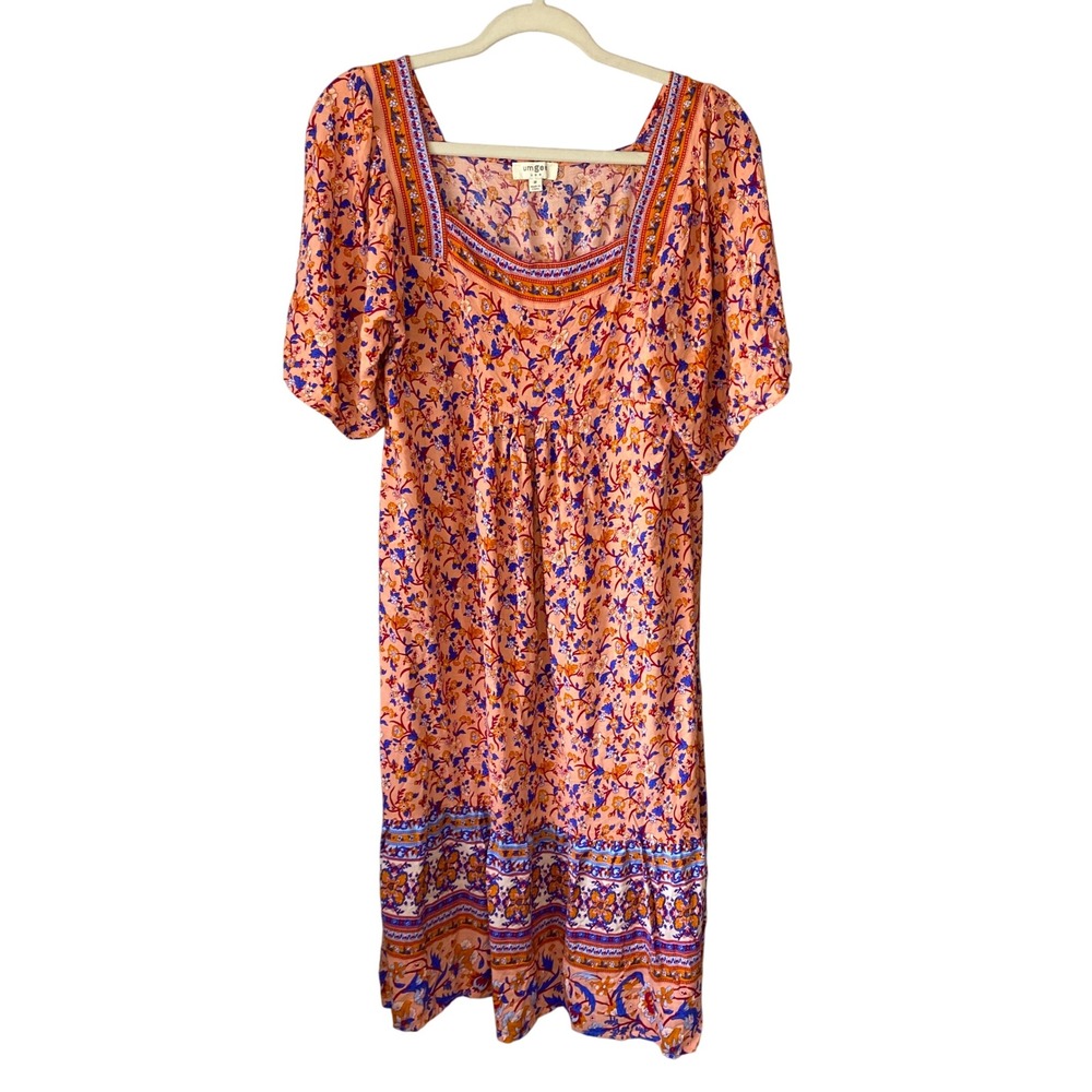 Umgee Womens Peach Floral Paisley Boho Square Neck Midi Dress M M6018